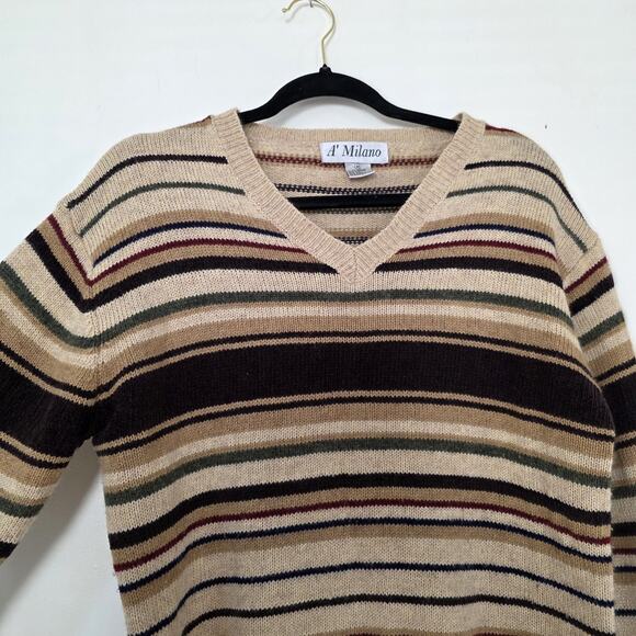 Vtg Striped Vneck Sweater Womens M Brown Wool Blend 70s Bohemian Neutral Minimal - Picture 2 of 9